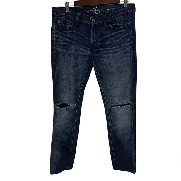 7 For All Mankind 7FAMK Roxanne Cropped Skinny Jean Dark Wash Distressed 29x27 - Picture 1 of 6